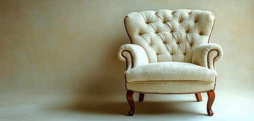 Classic tufted armchair in neutral color, showcasing elegant design and comfort. soft fabric and wooden legs create warm and inviting atmosphere, perfect for any interior space