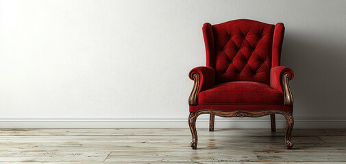 Luxurious red armchair with tufted design sits elegantly against plain white wall, creating striking contrast. wooden legs add classic touch to modern interior space