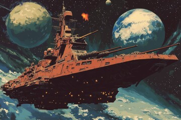 Naklejka premium Armed Spacecraft Near Mysterious Planet in Outer Space