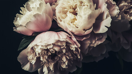 Vintage floral arrangement with pink peonies and white roses, elegant botanical composition