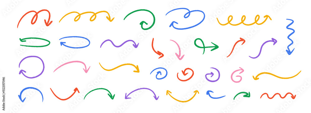 Poster hand drawn crayon wavy arrow collection. color curved, zig zag and squiggle doodle arrows set. charc