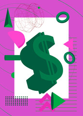 Dollar Sign geometrical graphic retro theme background. Minimal geometric elements. Vintage abstract shapes vector illustration.