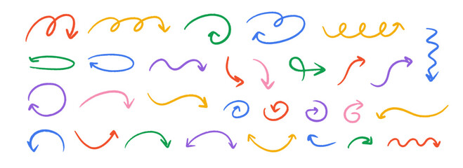 Hand drawn crayon wavy arrow collection. Color curved, zig zag and squiggle doodle arrows set. Charcoal sketch pointers and direction lines. Vector pastel pencil, chalk or marker brush stroke elements