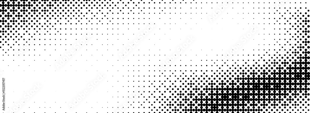 Poster Pixelated bitmap texture overlay. Black dither pattern wallpaper. Abstract glitch gradient pattern. 8 bit video game background. Wide raster halftone screen backdrop. Vector rasterized halfton cover