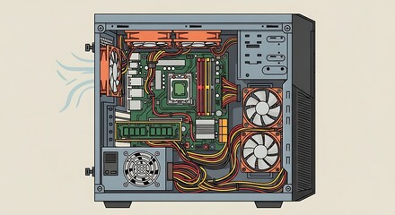 Illustration of an open computer case showing internal components and airflow
