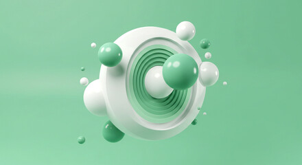 Green music speaker amidst a vibrant, bubbly aqua illustration
