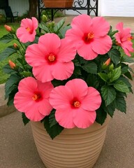 Colorful spring flowers blooming in a decorative pink flowerpot