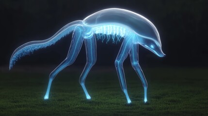 Bioluminescent hybrid creature with fox and jellyfish traits glowing softly as it walks through neon-lit moss forest at night, captured in cinematic fantasy realism.