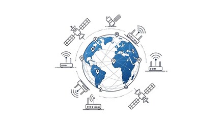 Illustration of global network with satellites and routers connected around earth