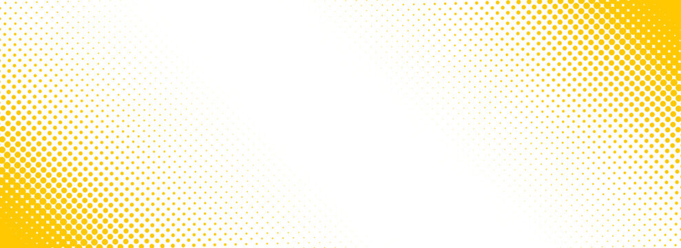 Slash yellow halftone gradient texture. Fading cartoon polka dot background. Dotted corner gradation pattern. Fading comic pop art overlay backdrop. Vector slant frame halfton patern effect wallpaper