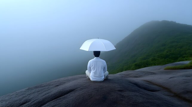 Man sitting alone in foggy mountain with umbrella