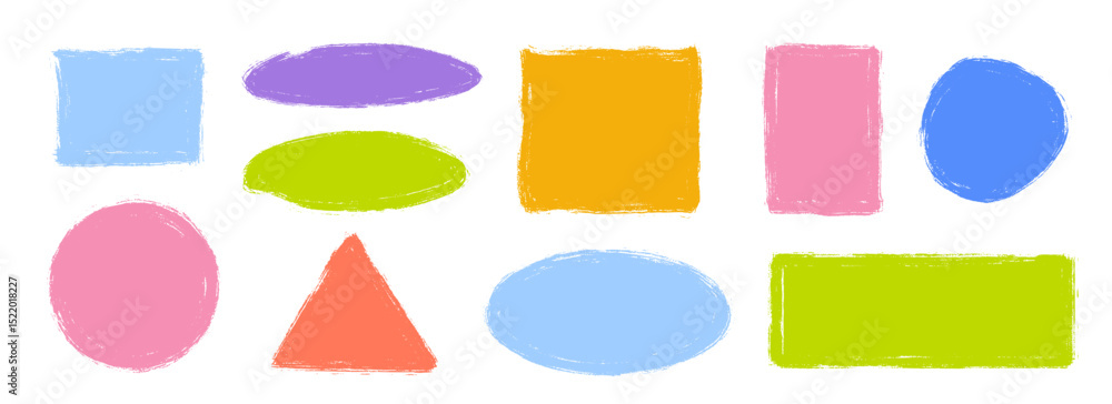 Poster childish colorful crayon text box set. bright hand drawn sticker shape collection. rough edge geomet