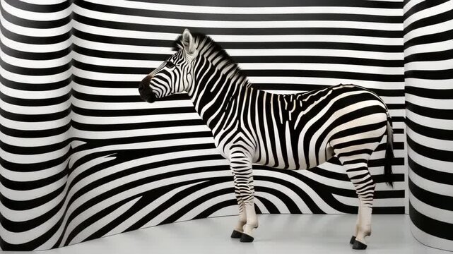A zebra stands against a black-and-white striped background, blending with the optical illusion patterns around it.