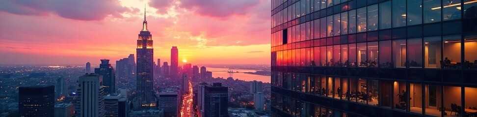 Sleek modern city office building reflecting the urban skyline at sunset Glass facade, contemporary architecture, vibrant cityscape backdrop , success, light, contemporary