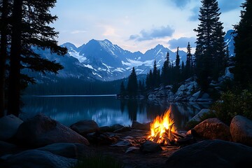 Campfire by a Tranquil Lake Reflecting SnowCapped Mountains at Twilight Hour