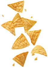 falling tortilla chips on white background