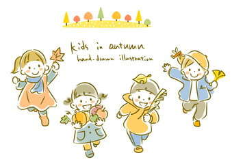 秋を楽しむ子供たち　シンプルでかわいい水彩風手描きイラスト