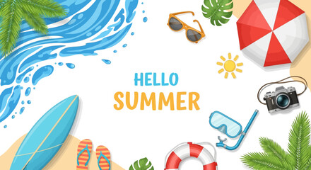 Obraz premium Flat Design Summer Beach Background with Holiday Elements – Hello Summer Vector Illustration