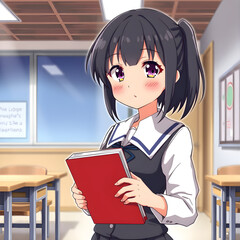 Anime schoolgirl holding red textbook in classroom wearing uniform with cute expression