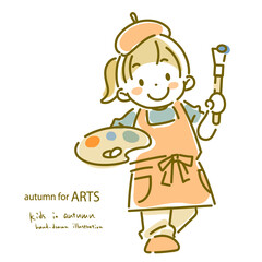 芸術の秋　秋を楽しむ女の子　シンプルでかわいい水彩風手描きイラスト