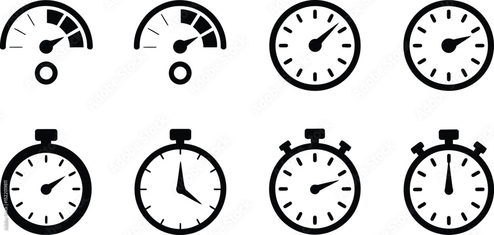Poster collection of clock and time measurement icons presenting different timers and gauges in a minimalis