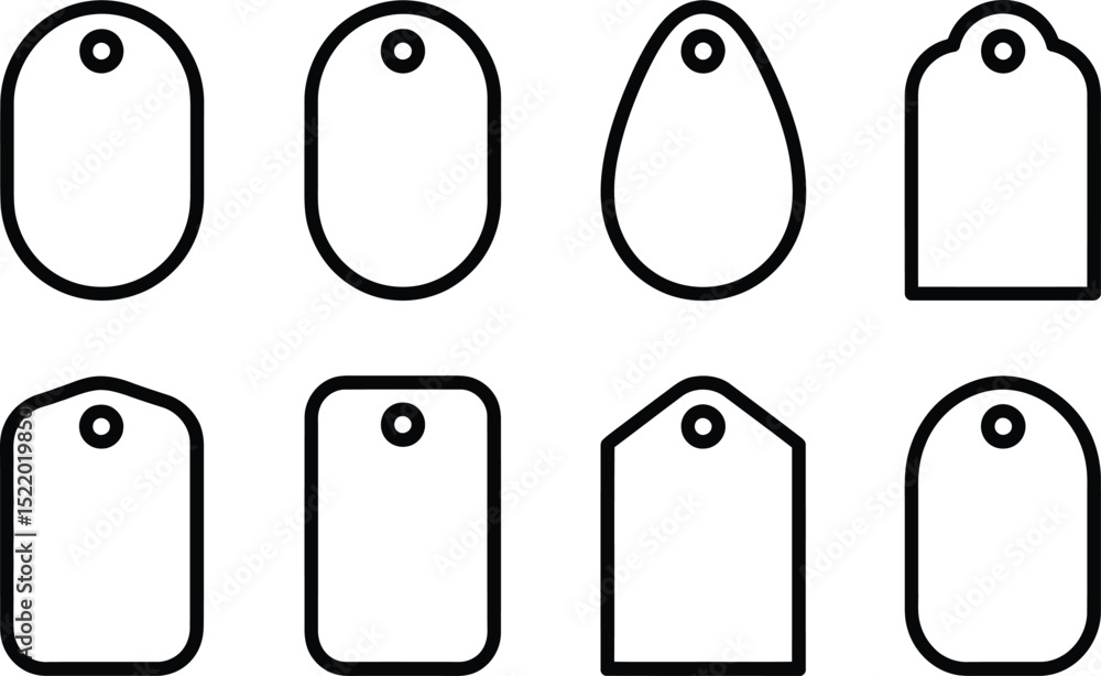 Poster collection of minimalist tag shapes with different designs featuring outline illustrations for desig