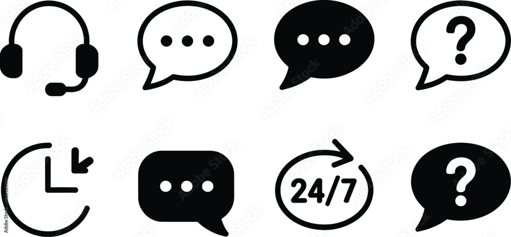 Poster set of customer service communication icons in black and white representing support and availability