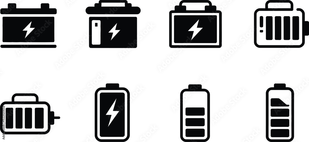 Poster black and white battery icons set showing different power levels and charging symbols for various en
