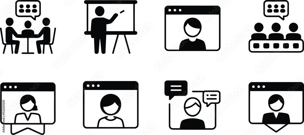 Aufkleber a collection of black and white icons representing various methods of communication and collaboratio