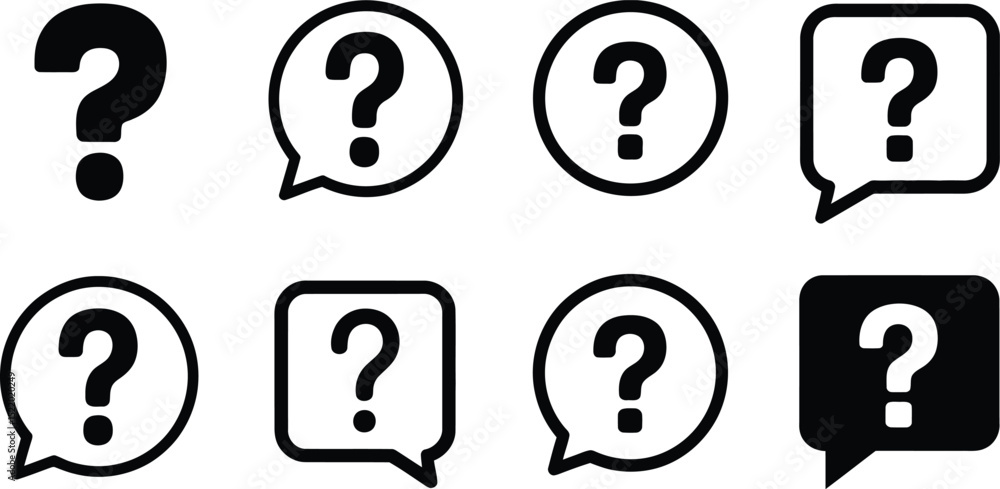 Poster collection of black and white question mark icons in various speech bubble shapes illustrating confu