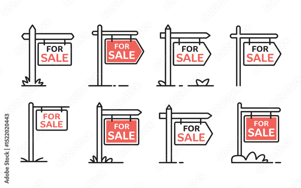 Poster collection of eight simplified vector icons displaying various styles of for sale real estate signag