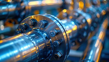 Industrial pipeline with bolts and flanges shows complex engineering in a blue and gold hue.