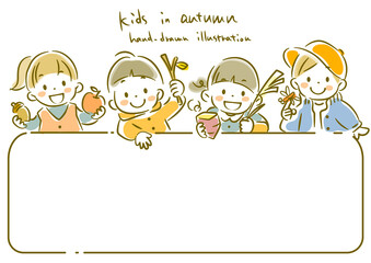 Frame of children enjoying autumn Simple and cute watercolor-style hand-drawn illustration