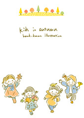 秋を楽しむ子供たちのフレーム　シンプルでかわいい水彩風手描きイラスト