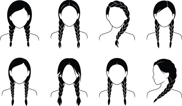 Vector illustration showcasing various braided hairstyle examples on faceless female figures in a clean and minimalist style