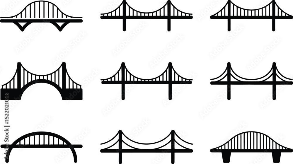Poster collection of simple black and white bridge icons in various architectural styles perfect for graphi