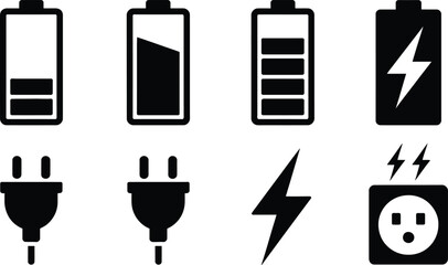 Collection of simplified black and white battery icons and electrical symbols for power charging and energy availability