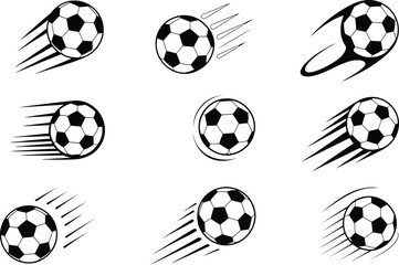 Set of nine dynamic black and white illustrations depicting soccer balls in various stages of motion and speed.