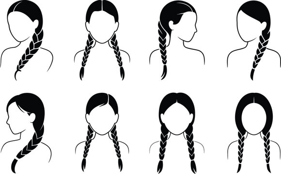 Vector illustration collection depicting various braided hairstyle styles for women in black and white outlines