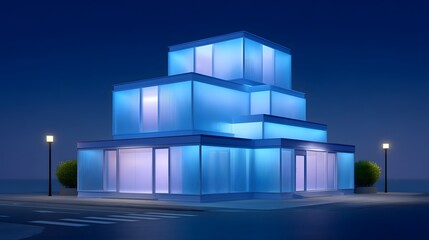 Glowing blue plastic cube structure serving as a modern store