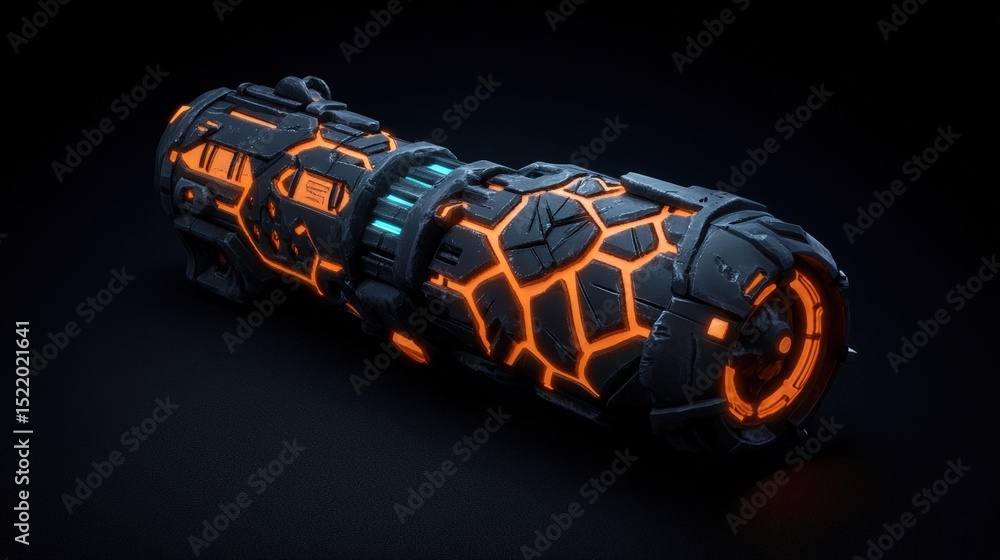 Poster high tech futuristic device with hexagonal pattern and glowing orange accents for sci-fi backgrounds
