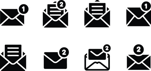 A collection of stylish black and white envelope icons featuring notifications and email communication symbols