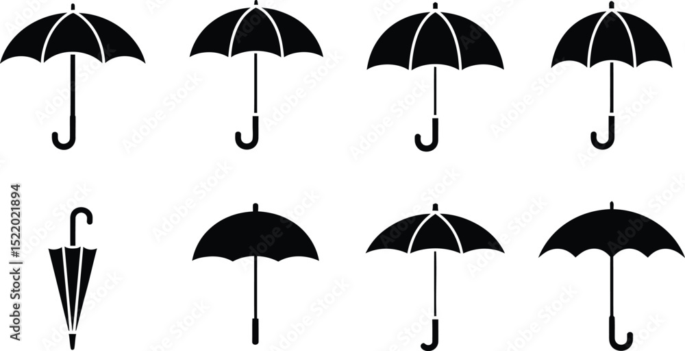 Poster vector illustration collection of various umbrella shapes and styles in black color perfect for desi