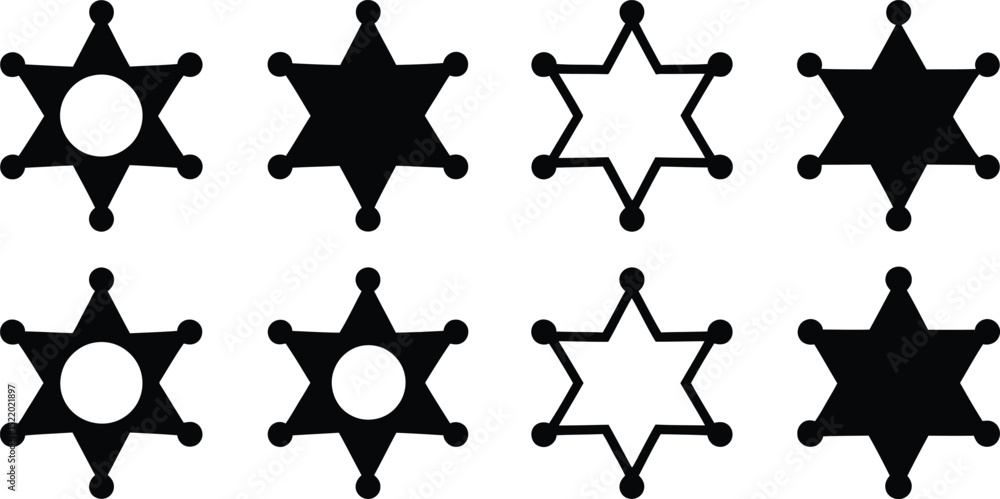 Poster collection of various sheriff badges in black and white with six pointed star design with detailed f
