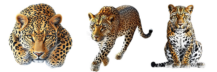 Set of a leopard, isolated on a transparent background.