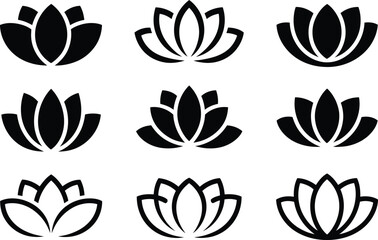Nine black and white lotus flower designs in vector format for logos decoration and spiritual themes