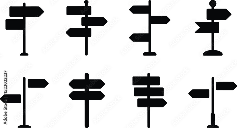 Poster collection of eight black and white directional signage icons illustrating various navigation concep