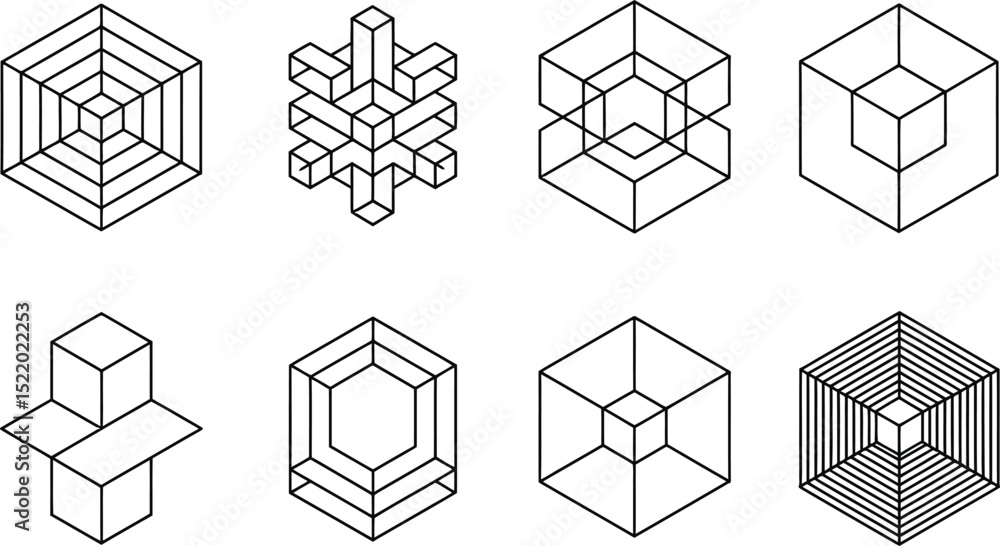 Poster geometric cube illustrations collection depicting various 3d shapes and designs suitable for modern 