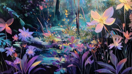 Serene moonlit garden with luminous brushstrokes and magical atmosphere in calming oil painting style, ideal for tranquility, relaxation, and peaceful emotional therapy purposes.

