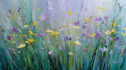 Soothing oil painting of a blooming meadow with vibrant wildflowers and soft brushstrokes, capturing the peaceful essence of nature and ideal for therapeutic and calming environments.

